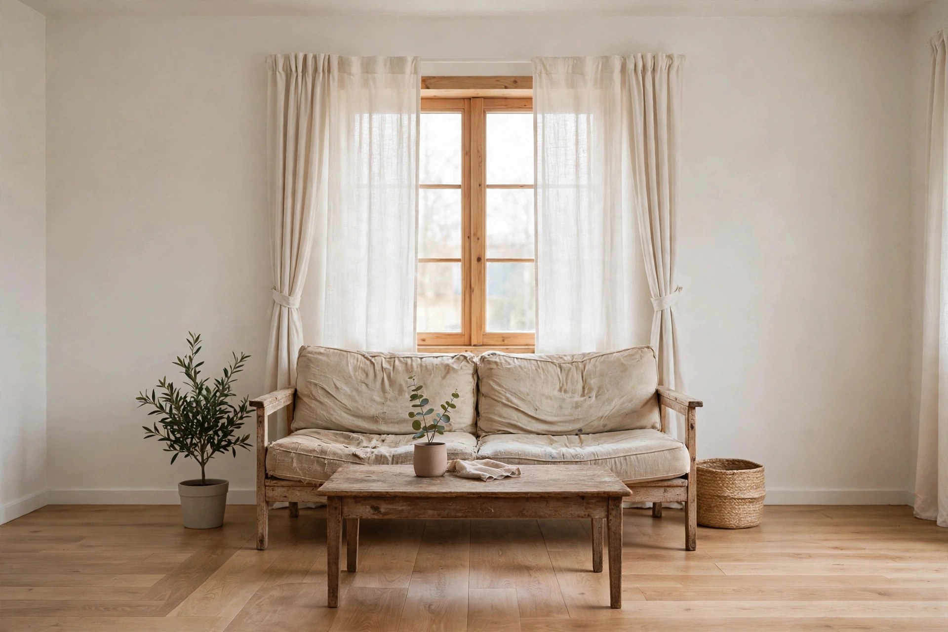 Bare living room with old mismatched furniture